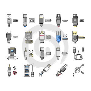Usb Cable And Port Purchases Icons Set Vector