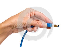 USB 3.0 cable in woman's hand