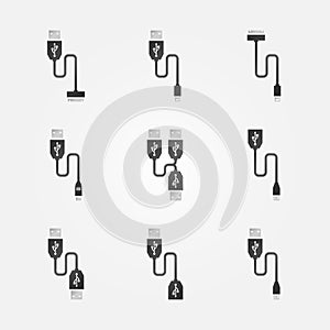 USB cables black vector icons