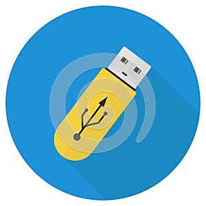 USB device yellow color on blue background with a shadow future technology simple flat design