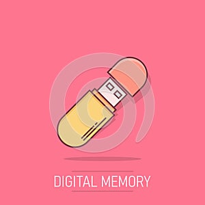 Usb drive icon in comic style. Flash disk vector cartoon illustration on isolated background. Digital memory splash effect