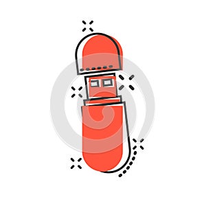 Usb drive icon in comic style. Flash disk vector cartoon illustration on white isolated background. Digital memory splash effect