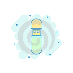 Usb drive icon in comic style. Flash disk vector cartoon illustration on white isolated background. Digital memory splash effect