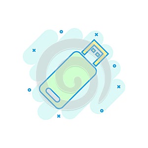 Usb drive icon in comic style. Flash disk vector cartoon illustration on white isolated background. Digital memory splash effect