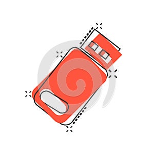 Usb drive icon in comic style. Flash disk vector cartoon illustration on white isolated background. Digital memory splash effect