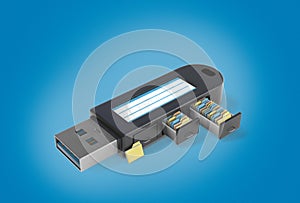 USB flash drive. Archive with files and folders in an electronic archive. Blue background 3d render