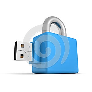 USB flash drive blue padlock on white background