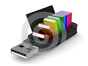 Usb flash drive and books on white background