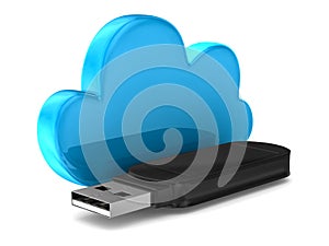 Usb flash drive and cloud on white background