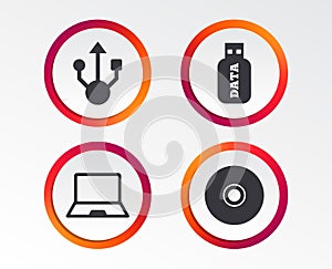 Usb flash drive icons. Notebook or Laptop pc.