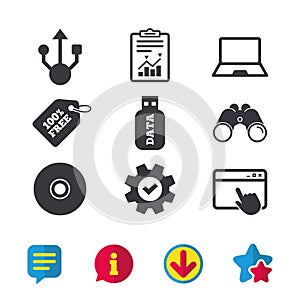 Usb flash drive icons. Notebook or Laptop pc.