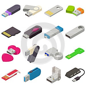 USB flash drive icons set, isometric style