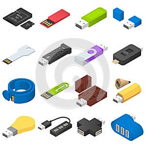 USB flash drive icons set, isometric style
