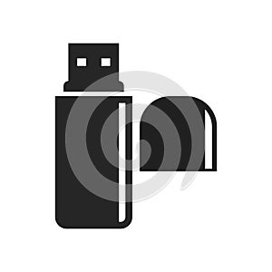 USB flash drive with lid bold black silhouette icon isolated on white. Data storage device pictogram.