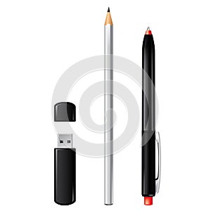 Usb flash drive, pencil and pen isolated