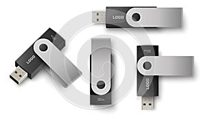 USB flash drive realistic mockup set, vector illustration. Flash memory, usb stick, thumb drive, pen drive template.