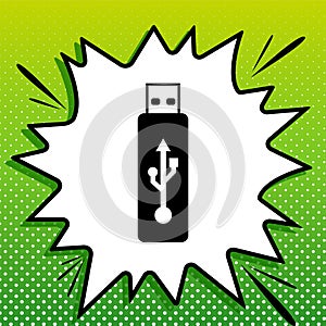 USB flash drive sign. Black Icon on white popart Splash at green background with white spots. Illustration