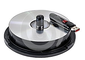 USB Flash Drive On Stack of CDs Isolated On White