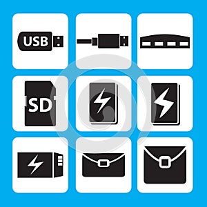 USB flash drive, USB cable, hub, memory stick, Power bank, Battery icon