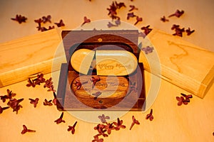 USB flash drive wood in a box. with laser engraving `happy moments`. set for the photographer, presentable set of photos, luxury