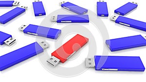 Usb flash drives in red and blue on white