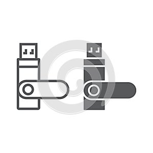 Usb flash, flash card line and glyph icon