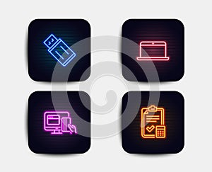 Usb flash, Laptop and Online payment icons. Accounting checklist sign. Memory stick, Mobile computer, Money. Vector