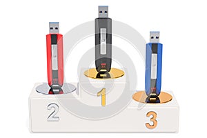 USB flash ratings concept. Winners podium with usb flash drives, 3D rendering