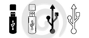 USB Flat Icon Set - Black Vector Illustrations - Isolated On White Background