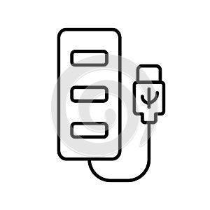 Usb hub icon. Linear logo of computer port. Black simple illustration of multiport adapter for connecting devices. Contour