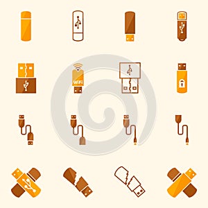 USB icons flat yellow vector set