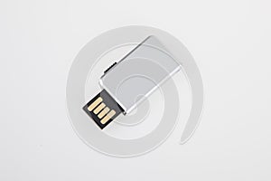 Usb key flash drive silver open on white background