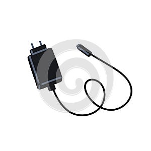 USB phone charger with cable and adapter. Portable mobile power supply with wire, connector and plug. Charging item for