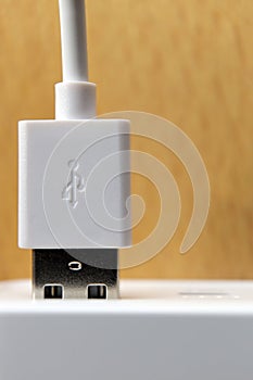 usb plug in socket close up macro. Vertical Orientation
