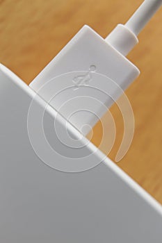 usb plug in socket close up macro. Vertical Orientation