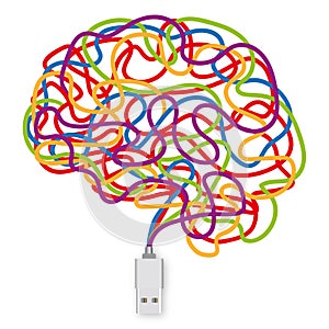 USB socket with a multitude of colored wires forming a brain