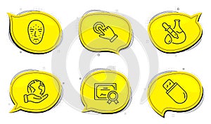 Usb stick, Touchscreen gesture and Face biometrics icons set. Chemistry experiment sign. Vector