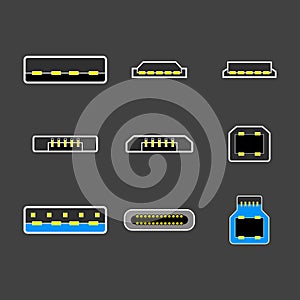 USB type A, B and USB type C plugs, micro, lightning, universal computer white cable connectors, top view vector