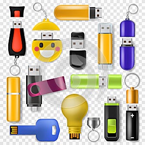 USB vector flash drive memory storage and digital transfer device to computer illustration set of removable flashdrive