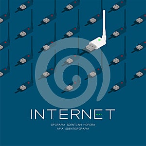 USB wireless adapter online and offline 3D isometric pattern, Internet wifi connect technology concept poster and social banner