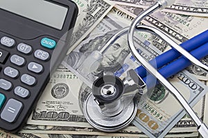 USD bank notes and calculator showing cost of health care