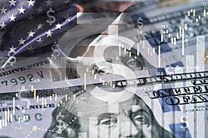 USD dollar banknote and sign with stock market graph chart and United States of America flag for financial economy and investment