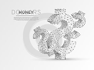 USD dollar wireframe digital. Low poly business, data cash, and finance. Vector polygonal origami money symbol