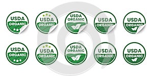 USDA organic certified icons. Set of realistic stickers with rolled up corners. Round organic certification labels with