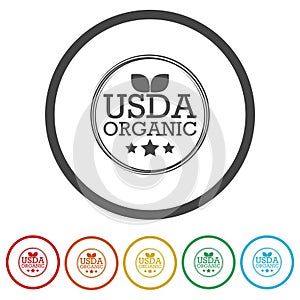 USDA organic icon. Set icons in color circle buttons photo