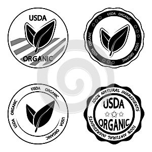 USDA organic. Set of stamp for organic, ecological product or food. Vector icon for product without GMO. Stamp with two Eco leaves