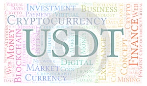 USDT or Tether cryptocurrency coin word cloud. photo