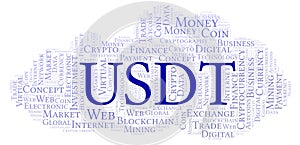 USDT or Tether cryptocurrency coin word cloud photo