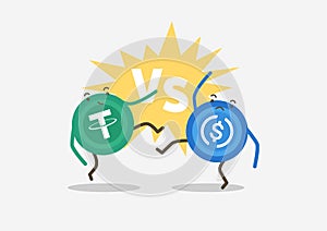 USDT VS USDC Stablecoins. Cryptocurrency cartoon concept photo