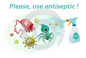 Use antiseptic with a content of more than 70% alcohol! Covid-19 concept poster or  illustration